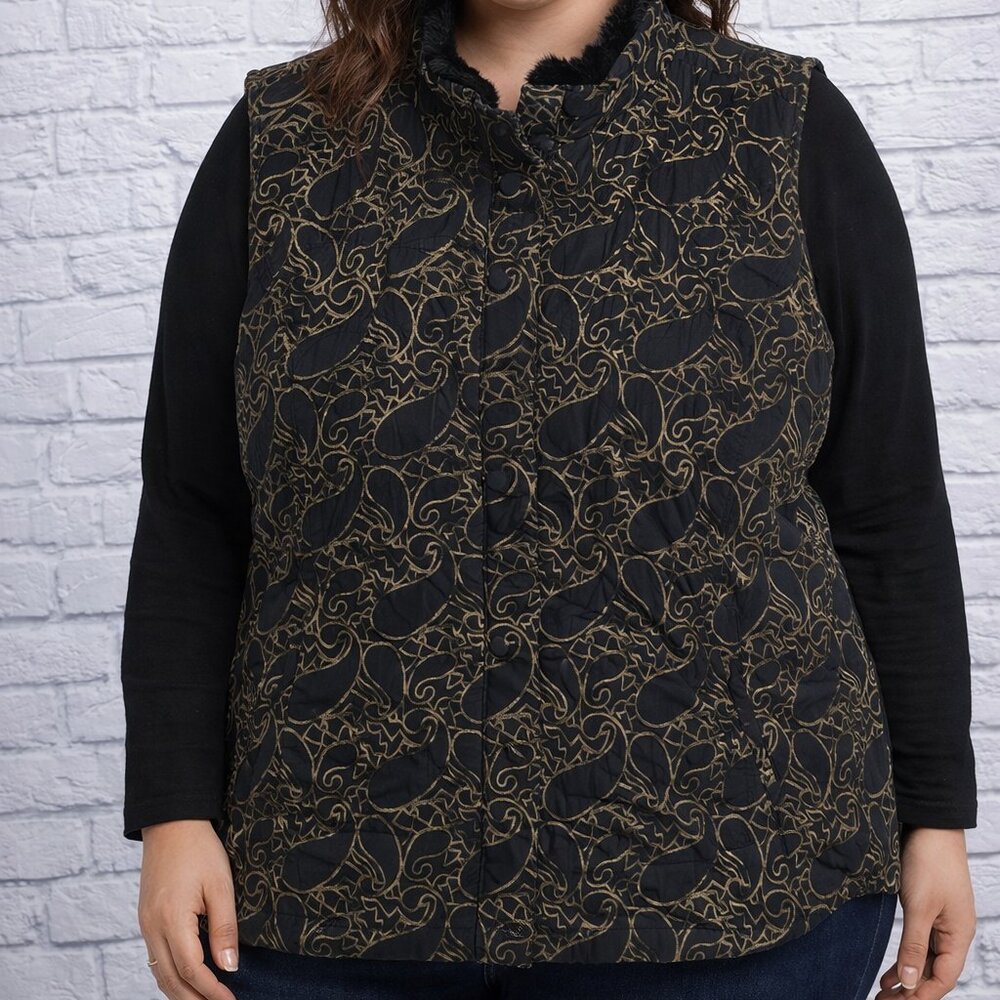 CJ Banks 2X Black Brown Leopard Paisley Fleece Lined Faux‎ Fur Collar Vest Plus